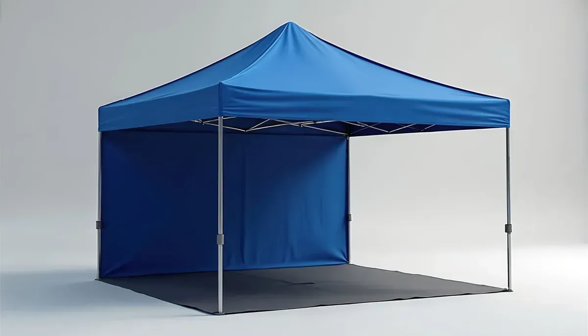 Blue pop-up canopy tent with side wall and open front on a plain background