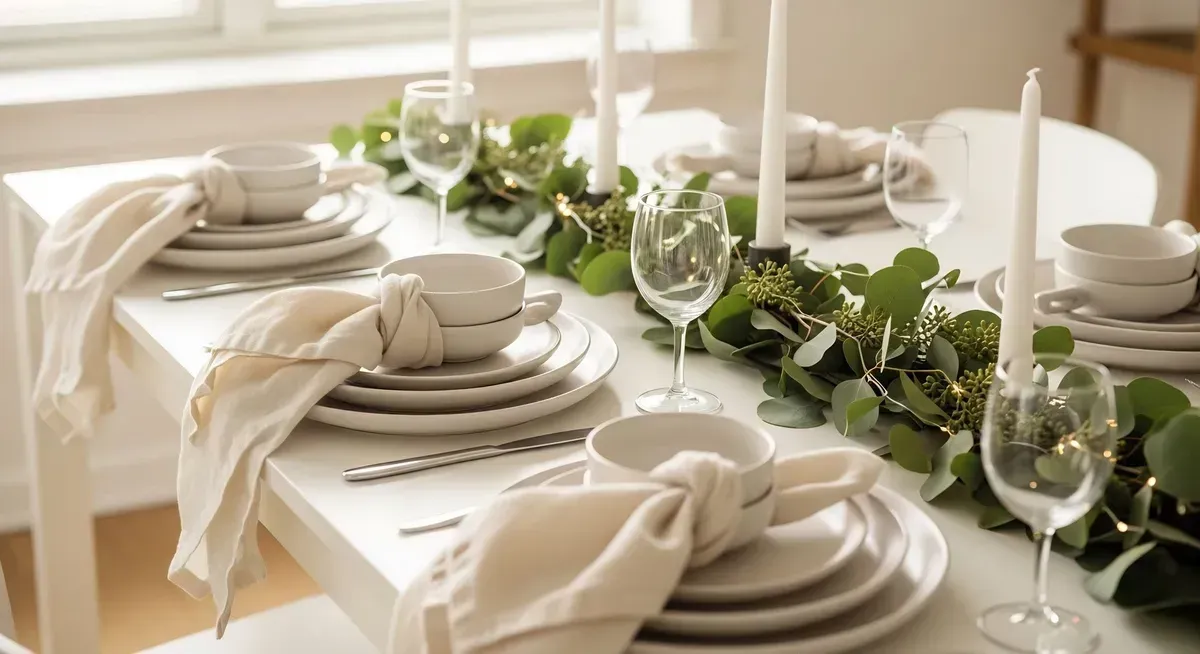 Elegant dining table set with cream napkins, stacked plates, glassware, and green garland centerpiece