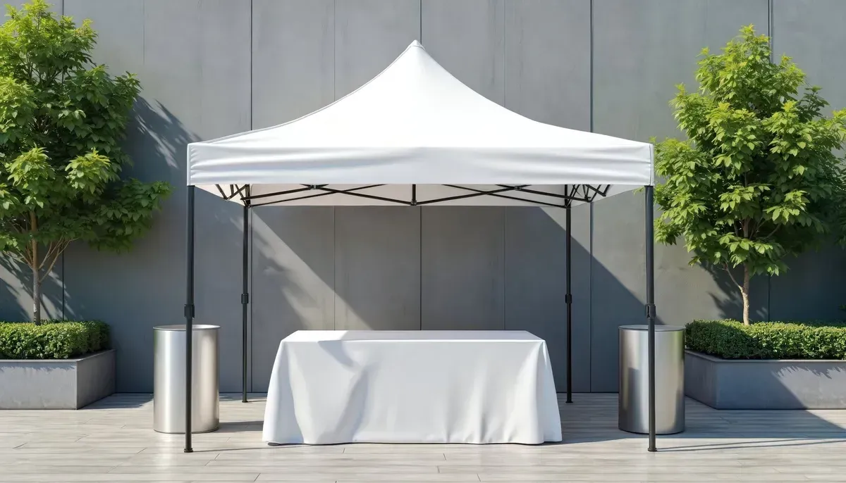 White canopy tent with a covered table in front of a gray wall, flanked by potted trees.
