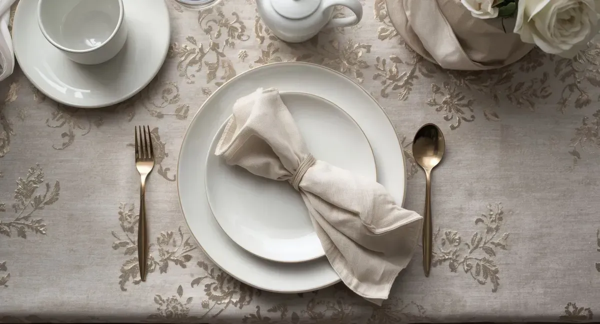 Elegant white dinnerware with silverware and folded napkin on a rustic tabletop