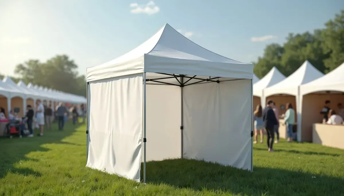 White event tent on a sunny grassy field with people and more tents in the background