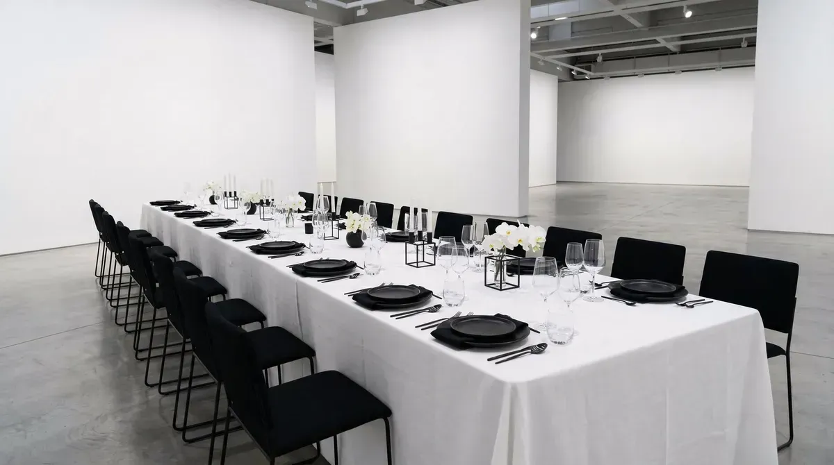 Long banquet table with black chairs set in a bright, empty event room