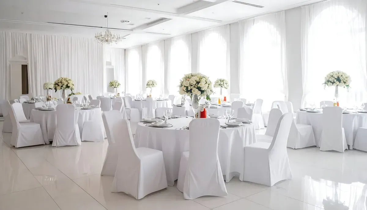 Bright white banquet hall with round tables, chair covers, and floral centerpieces