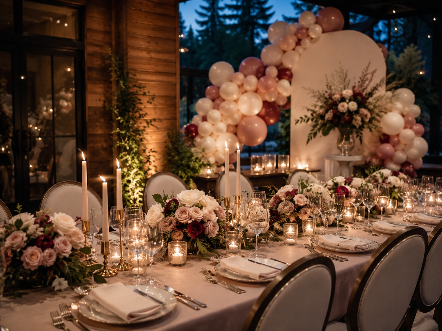 Elegant white wedding ceremony setup with floral aisle, draped altar, and rows of chairs in a bright hall