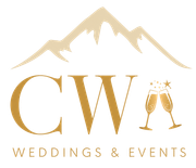Gold “CW Weddings & Events” logo with mountain silhouette and champagne glasses