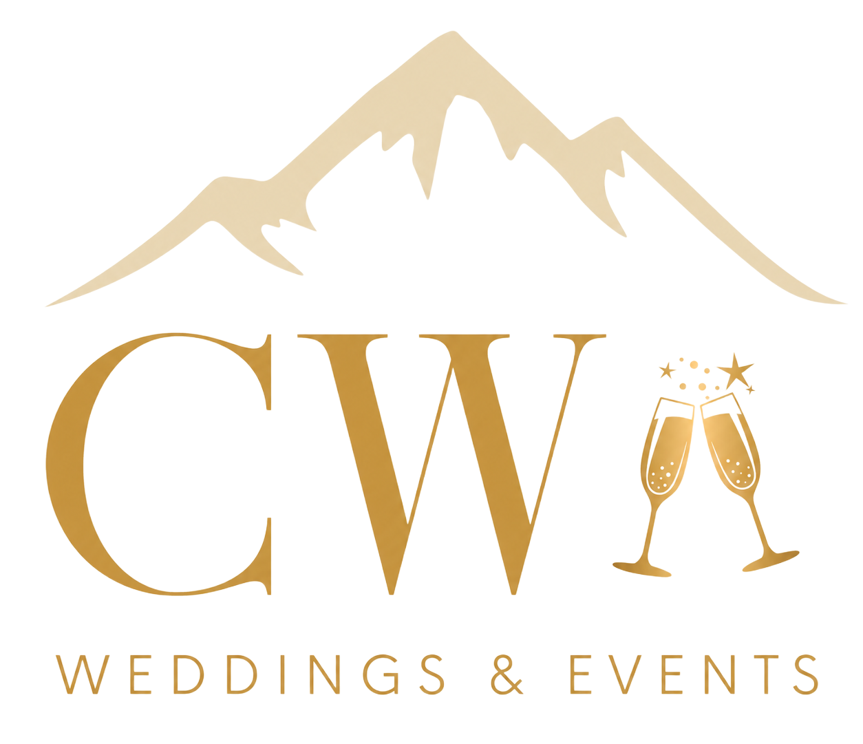 Gold “CW Weddings & Events” logo with mountain silhouette and champagne glasses