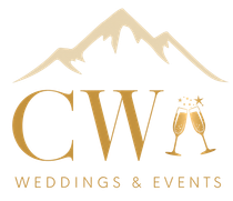 Gold “CW Weddings & Events” logo with mountain silhouette and champagne glasses
