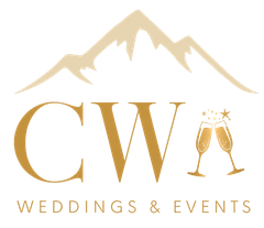 Gold CW Weddings & Events logo with mountain and champagne glasses