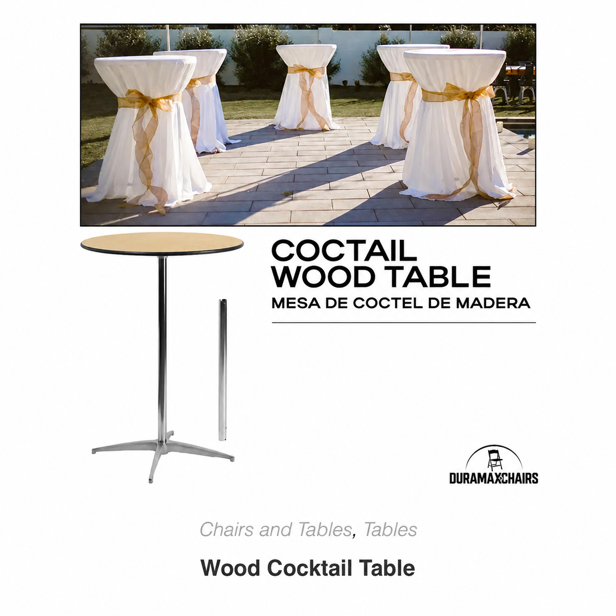 White cocktail tables with fitted white and gold tablecloths in an outdoor event setting.
