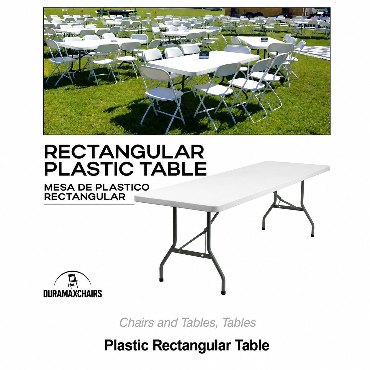 White rectangular plastic folding table and chairs on grass with product text overlay