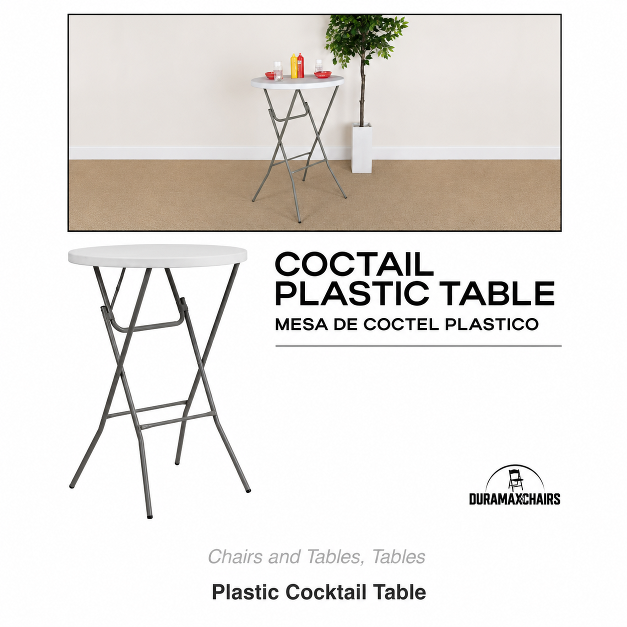 Cocktail plastic table with white top and black folding legs in a room setting, product catalog image