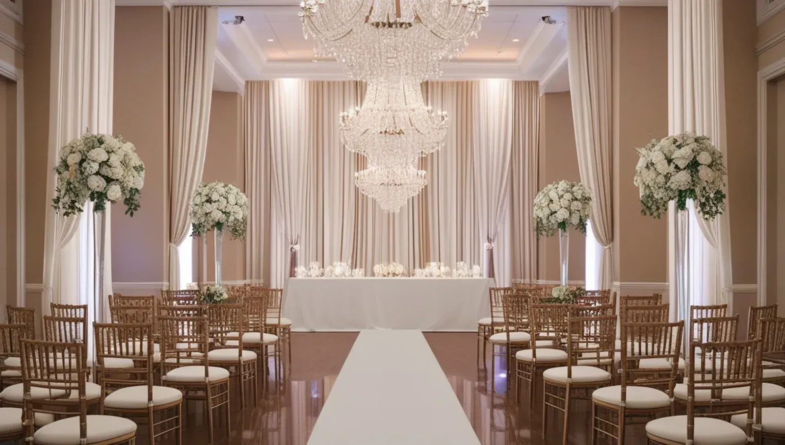 Elegant wedding ceremony setup with white aisle, floral arrangements, chandeliers, and rows of gold chairs