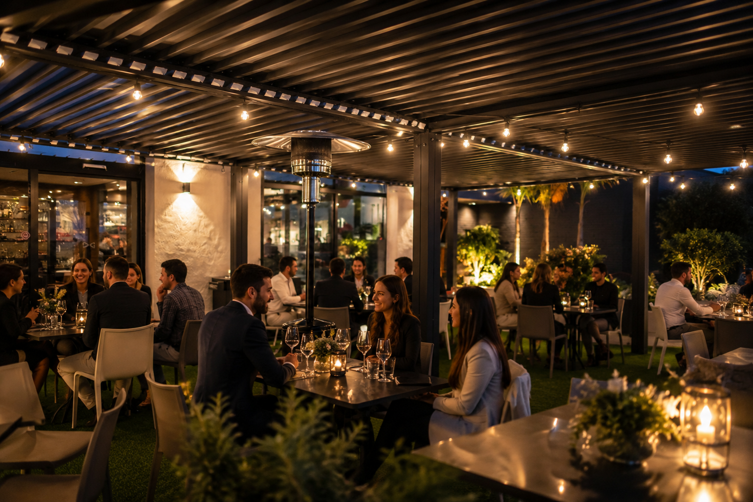 Gli ospiti cenano in un ristorante all'aperto illuminato da una calda luce soffusa, con candele e luci decorative.