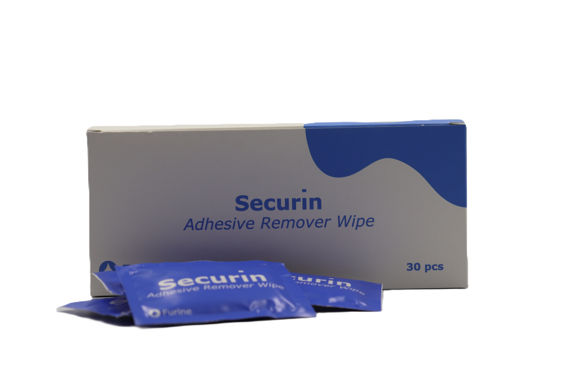 Securin adhesive remover wipes box and sachets, white and blue packaging