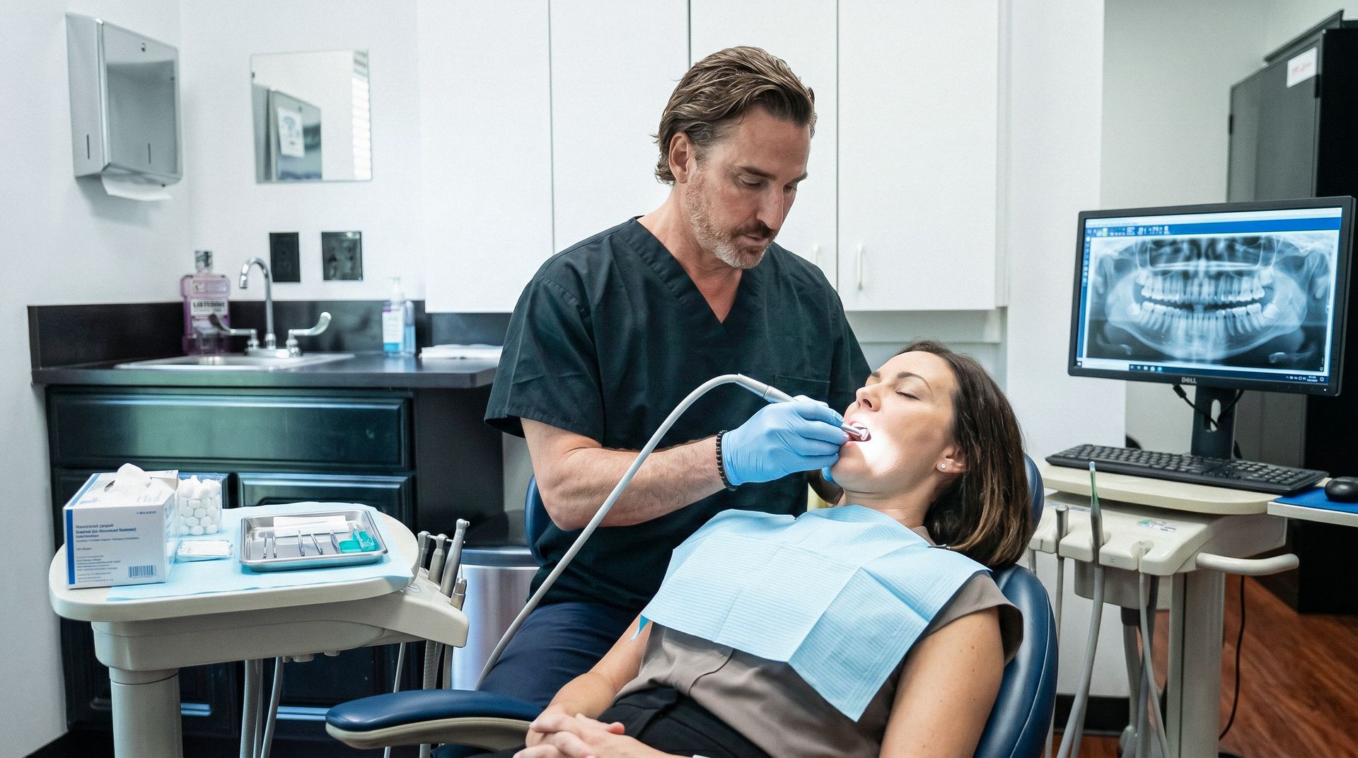 Dentist examining a patient in a dental office beside a monitor and equipment.