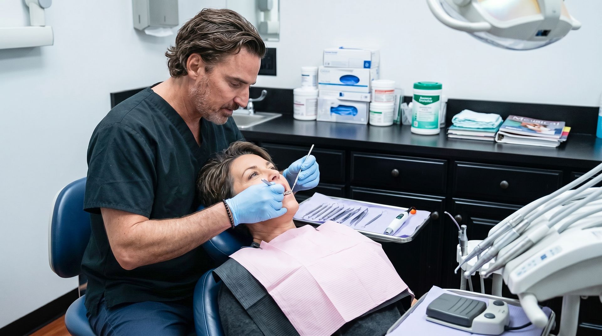 Dentist examining a patient in a dental clinic, with tools and equipment nearby