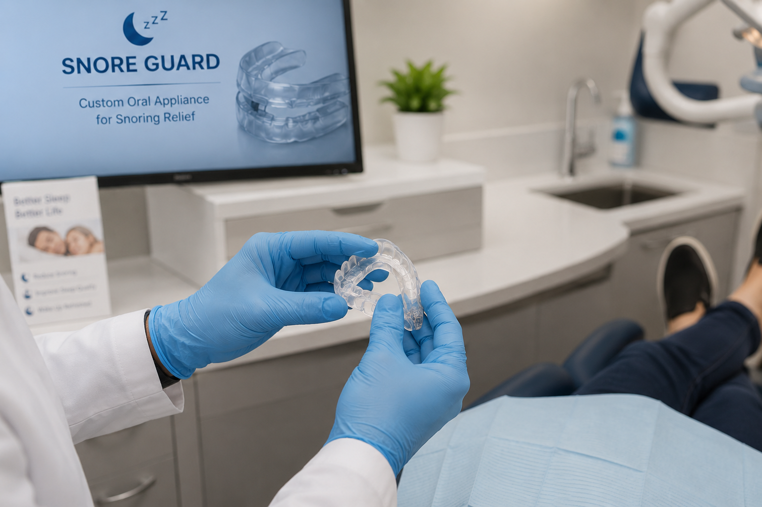 Dentist fitting a Snore Guard mouthpiece to a patient in a dental office.