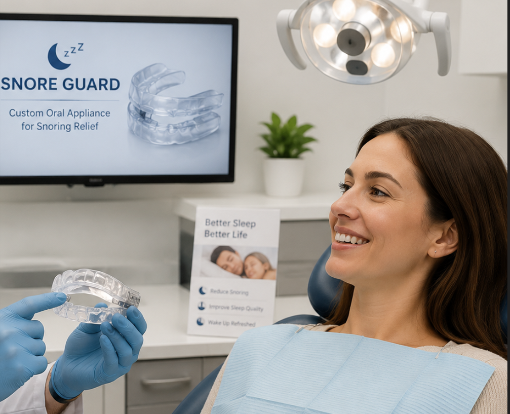 Dentist fitting a clear snore guard to a smiling patient in a dental clinic.