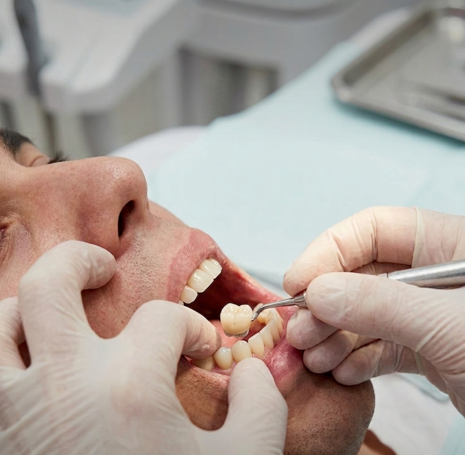 Dentist working on a patient’s teeth with tools during a dental exam.