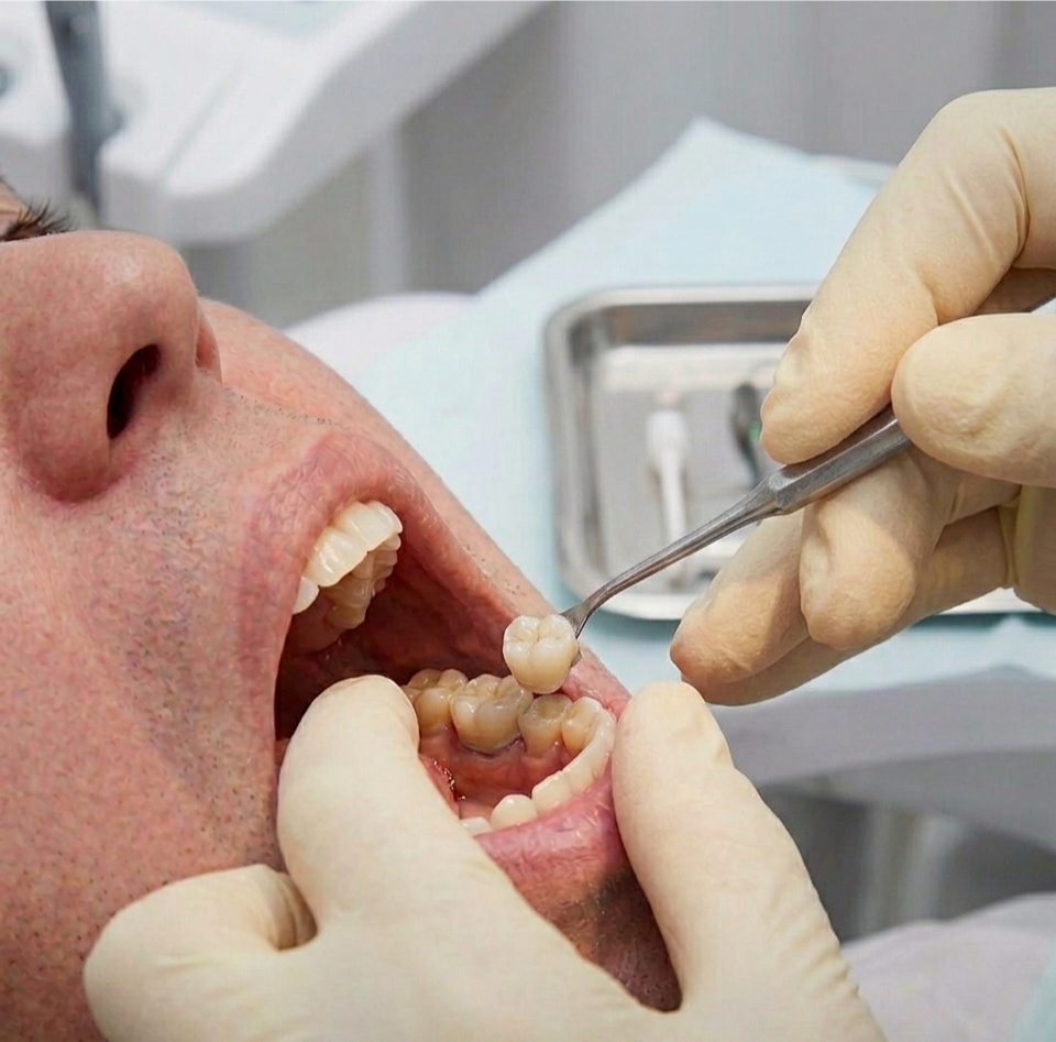 Dentist removing a molar with forceps during a dental procedure.