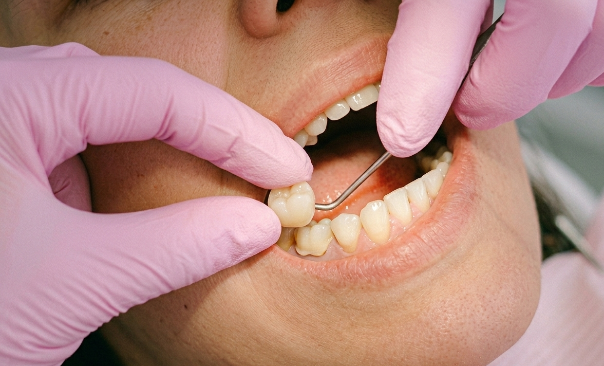 Dentist’s gloved hands examine teeth with a dental mirror and gauze.