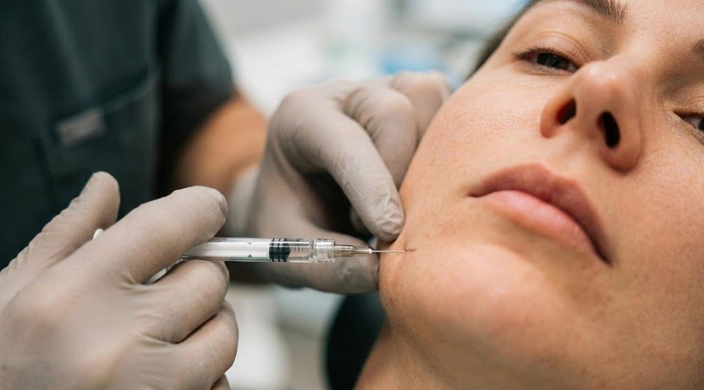 Cosmetic injection being administered to a woman's chin by gloved hands.