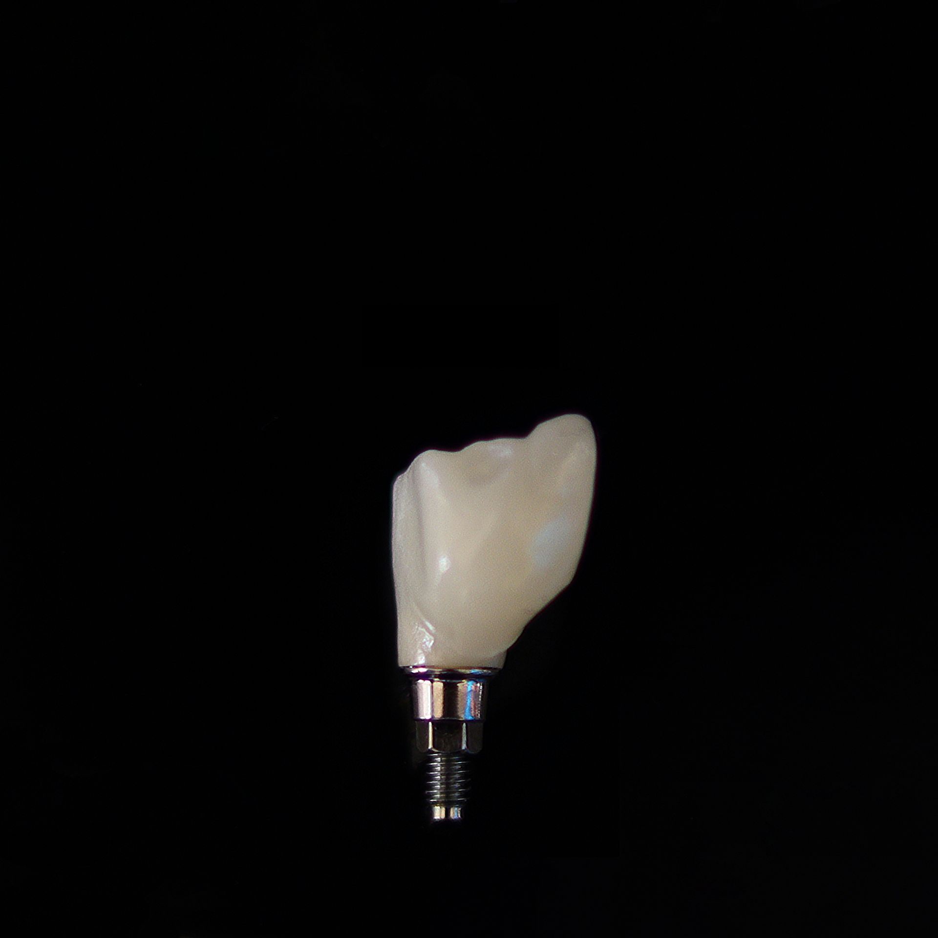 Single artificial tooth implant on a black background.