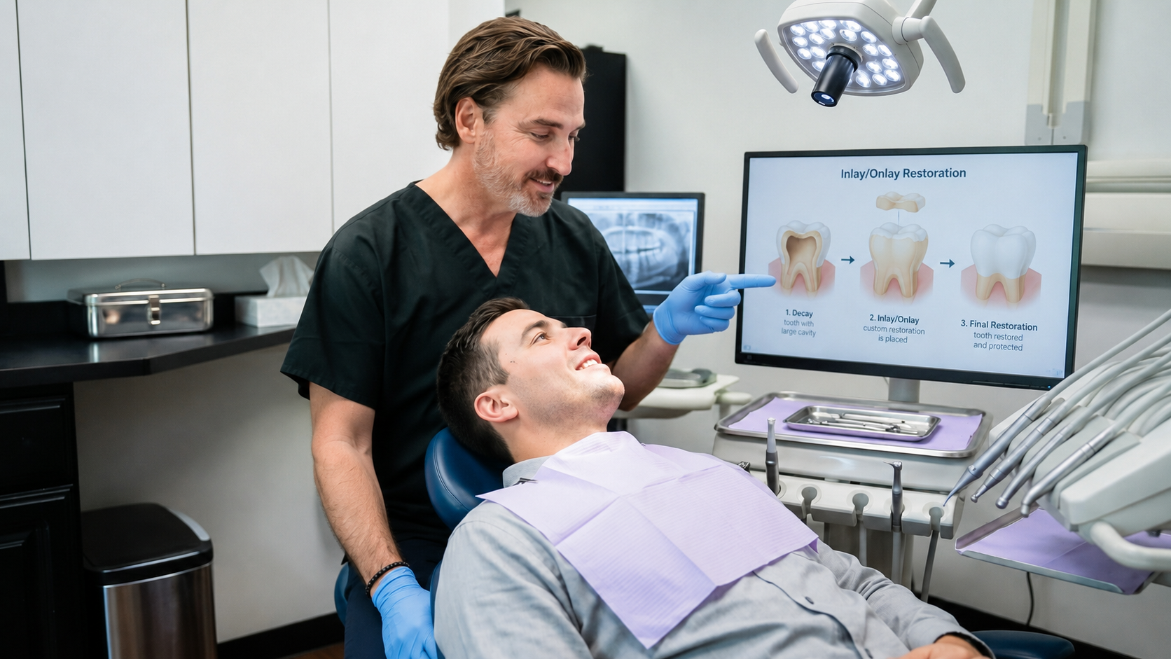 Dentist showing treatment plan on monitor while a patient reclines