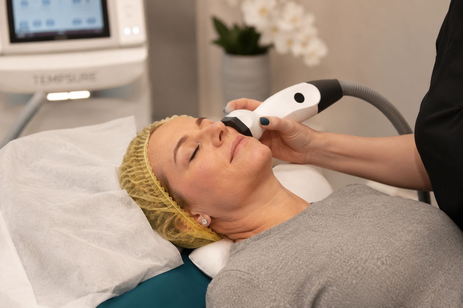 Woman receiving facial treatment with a handheld device in a clinic