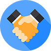 Handshake icon on blue background. Orange hands with black suit sleeves.