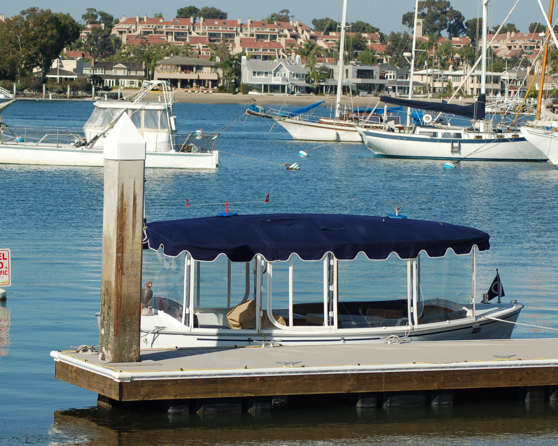 Boat with blue canopy docked at a pier, Newport Beach, with sailboats and houses in the background.