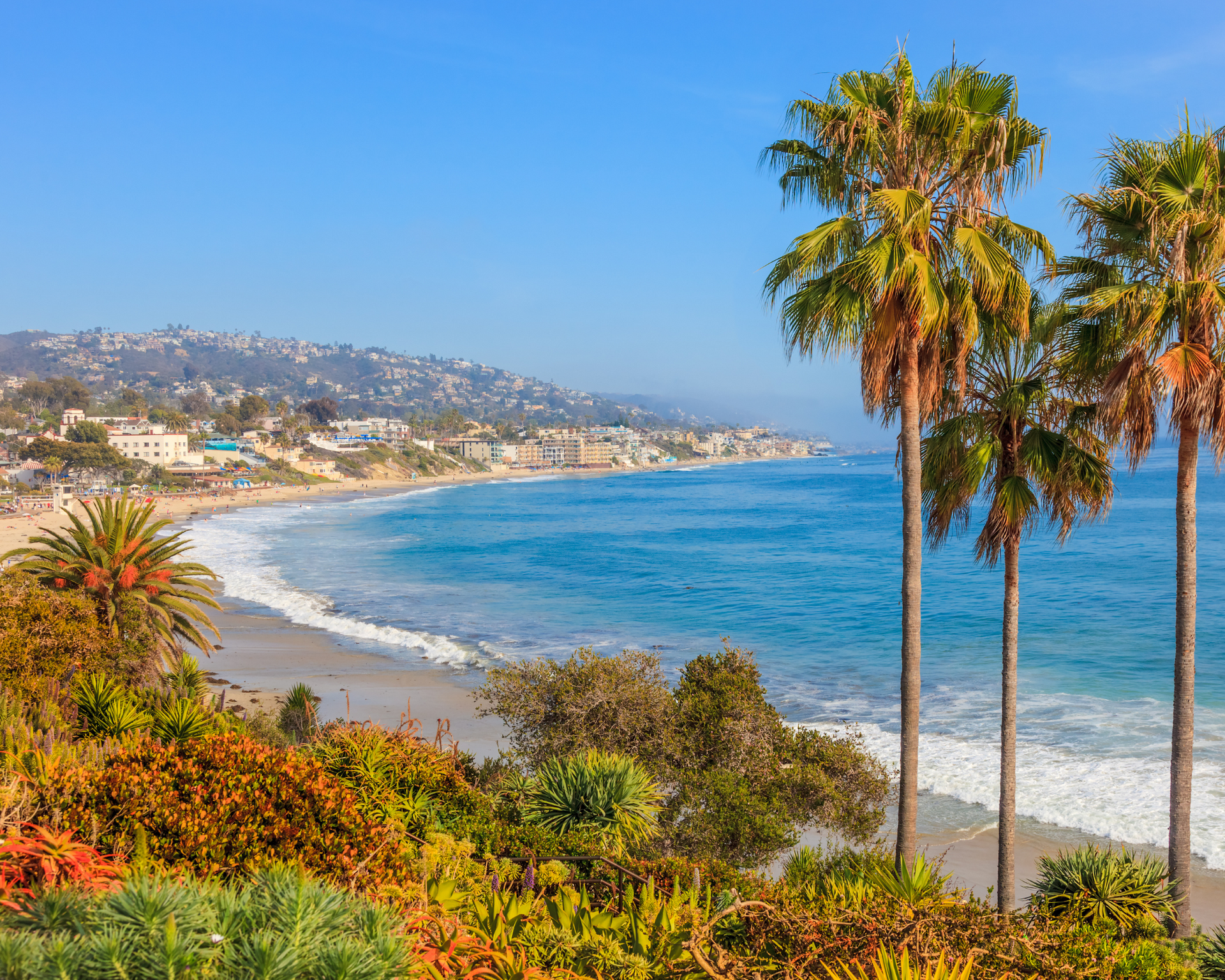 Beach with palm trees, blue ocean, and a coastal town under a clear sky.
