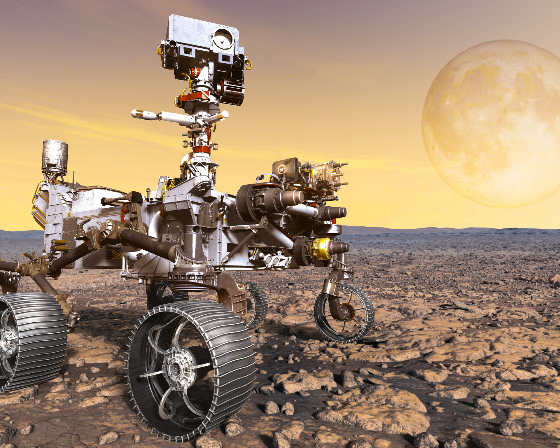 Mars rover, rocky landscape, with a large, yellow moon in the background.