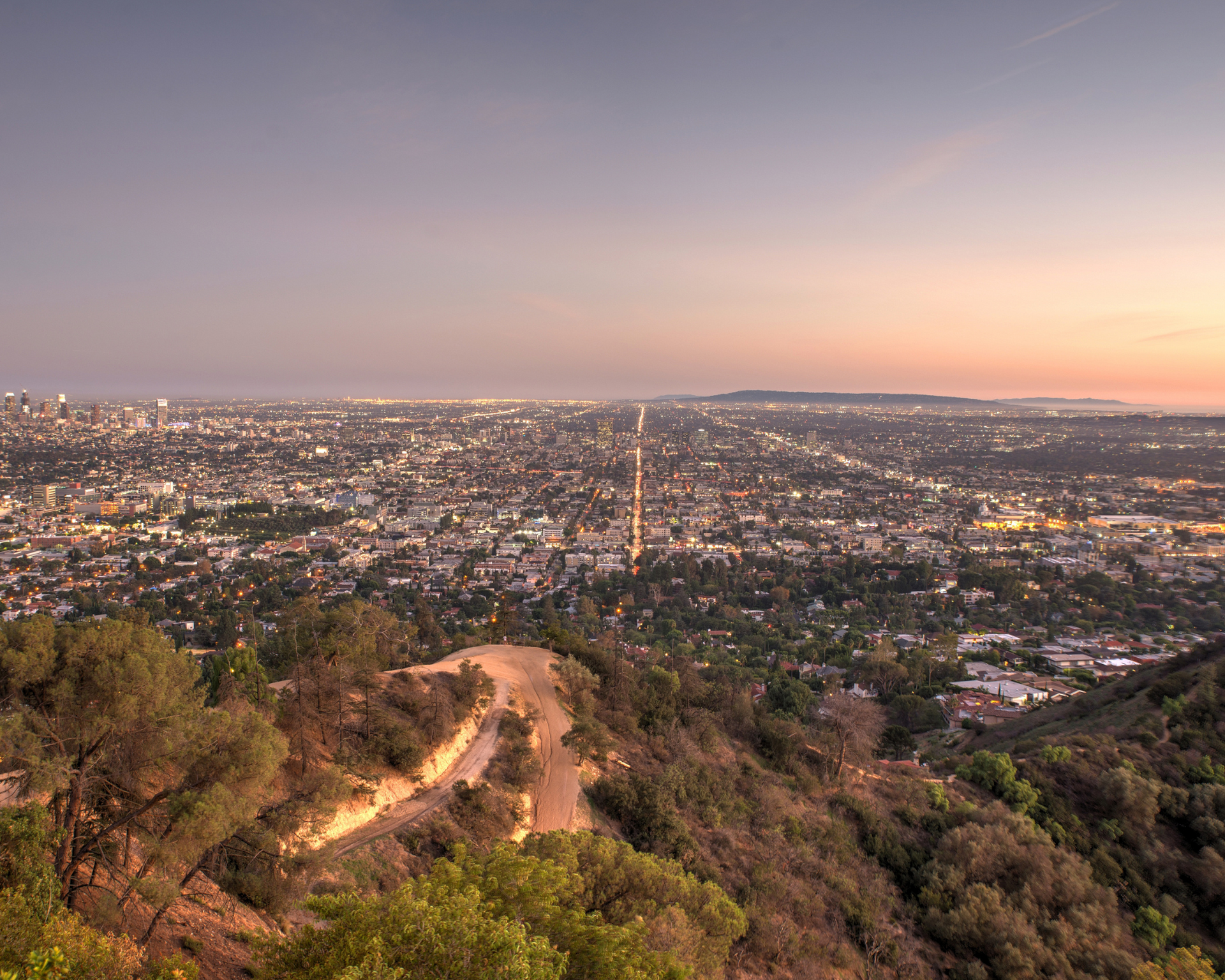 Cityscape at dusk, view from a hillside. City lights glow below a soft pink and purple sky.
