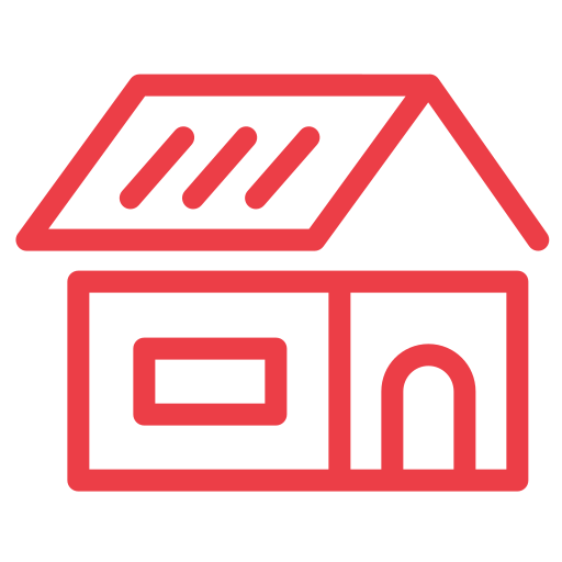 Red outline of a house with a door, window, and sloped roof.