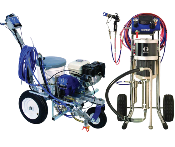 A line marking machine and a paint sprayer are shown on a white background.