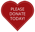A red heart with the words `` please donate today '' written inside of it.