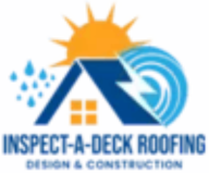 Inspect-A-Deck Roofing logo with sun, rain, and roof icon in blue and orange