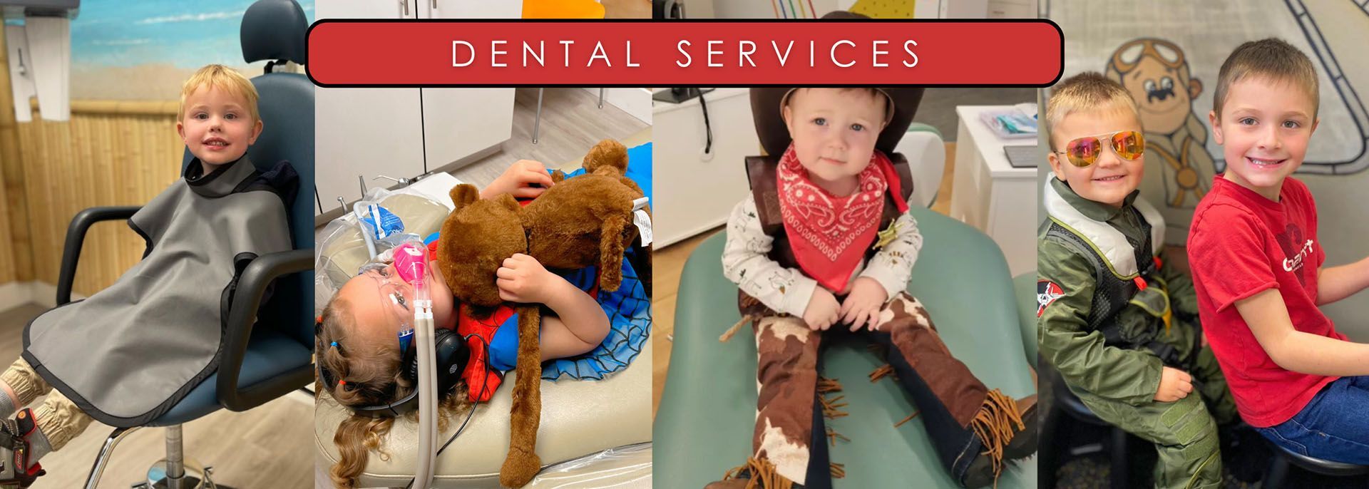 Four photos of smiling children in costumes and dental capes during a visit to a pediatric dental office.