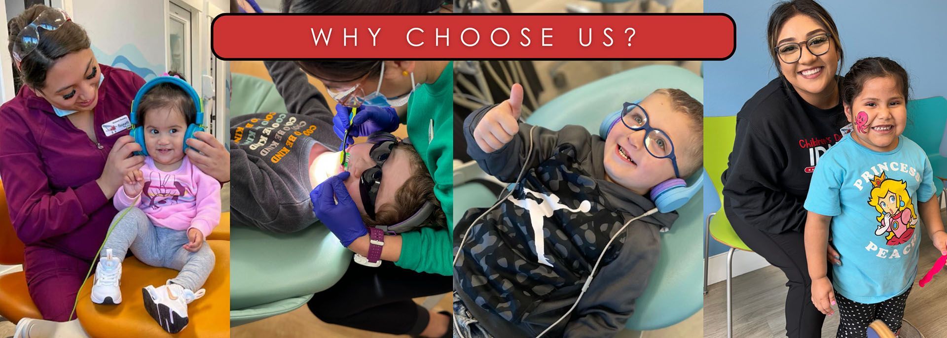 A collage showing pediatric dental staff with patients in a friendly, comfortable clinical setting.