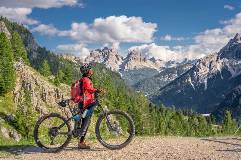 Un ciclista con una giacca rossa è in piedi con la sua mountain bike su un sentiero, con cime innevate e una pineta sullo sfondo.