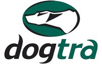 Dogtra logo with stylized white dog head in a green oval above black wordmark
