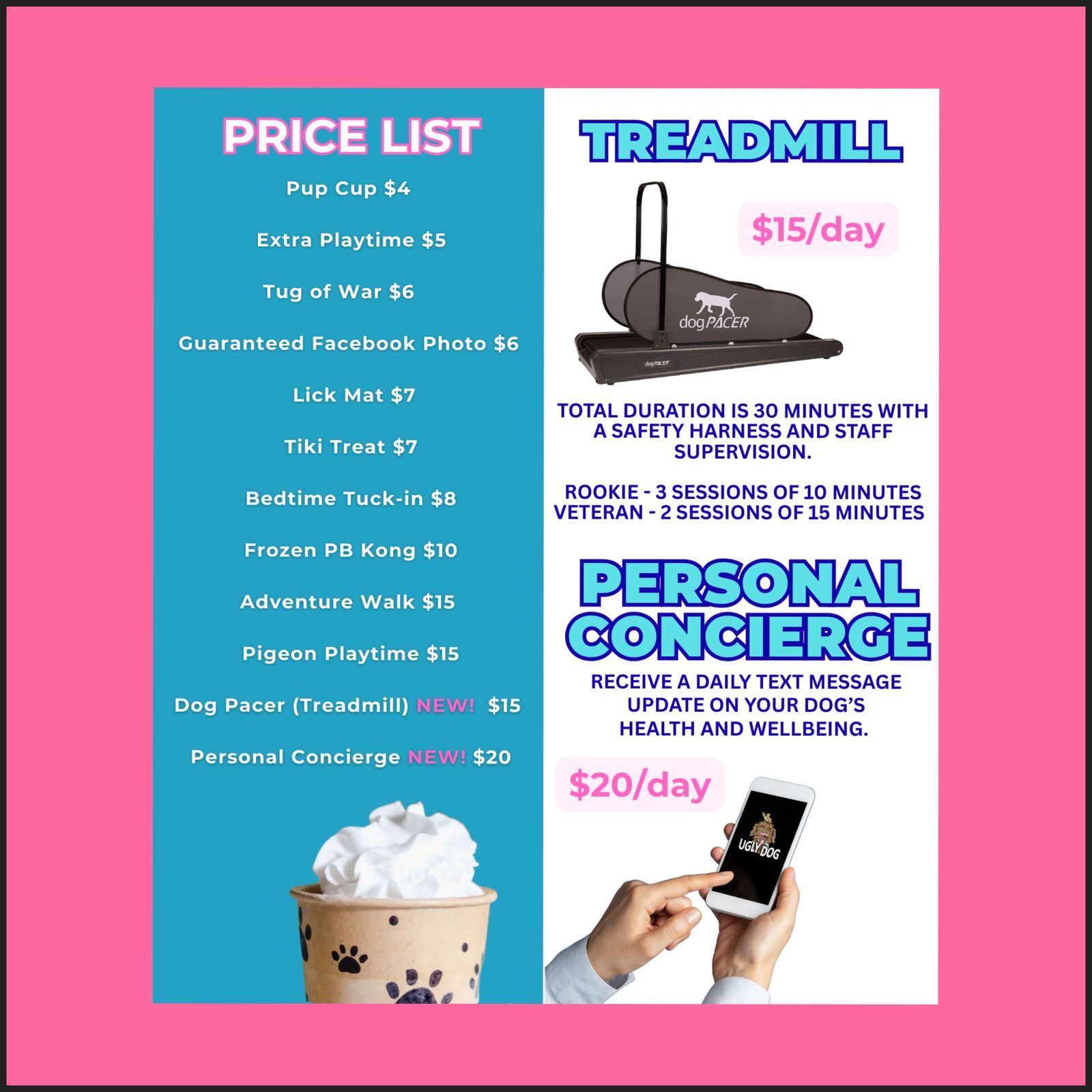 Pink flyer listing prices for services: price list, treadmill, and personal concierge.