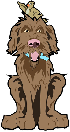 Cartoon brown shaggy dog sitting with tongue out and a small bird on its head