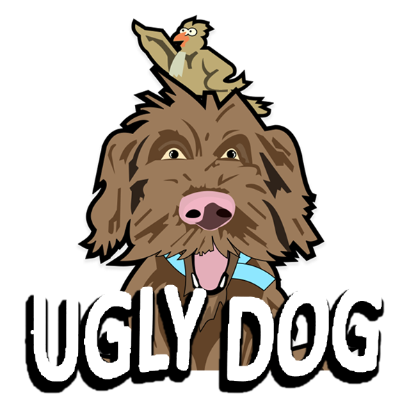 Logo of a shaggy brown dog with a small bird on its head above the words “UGLY DOG”