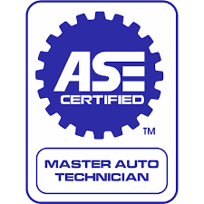 A blue and white logo for a master auto technician.