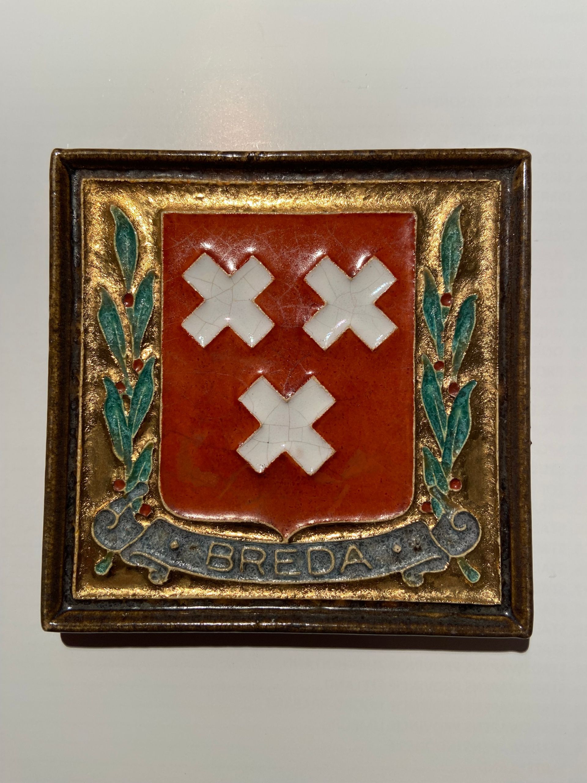 PFtile Porceleyne Fles Delft Cloisonne tile coat of arms