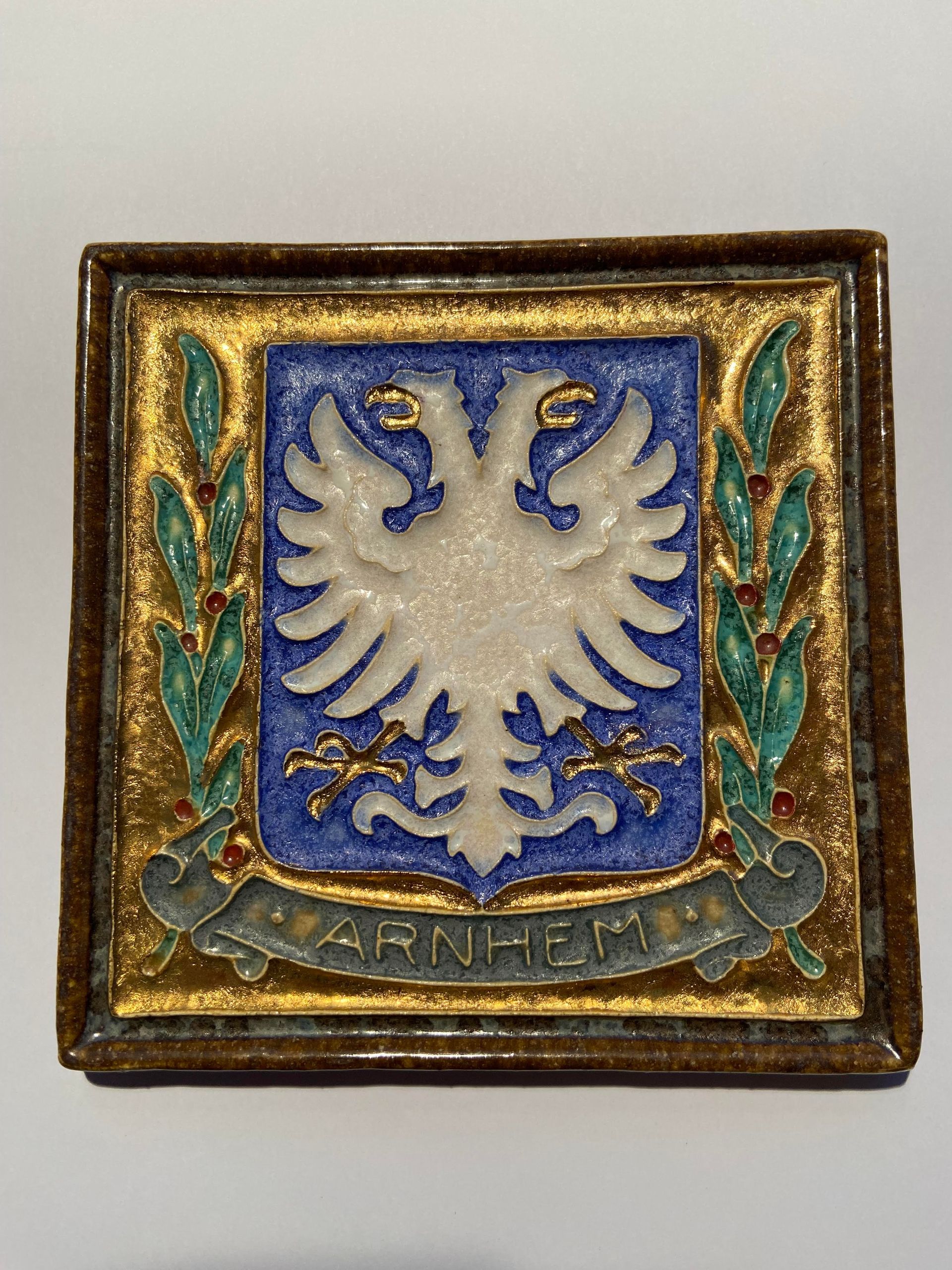 PFtile Porceleyne Fles Delft Cloisonne tile coat of arms