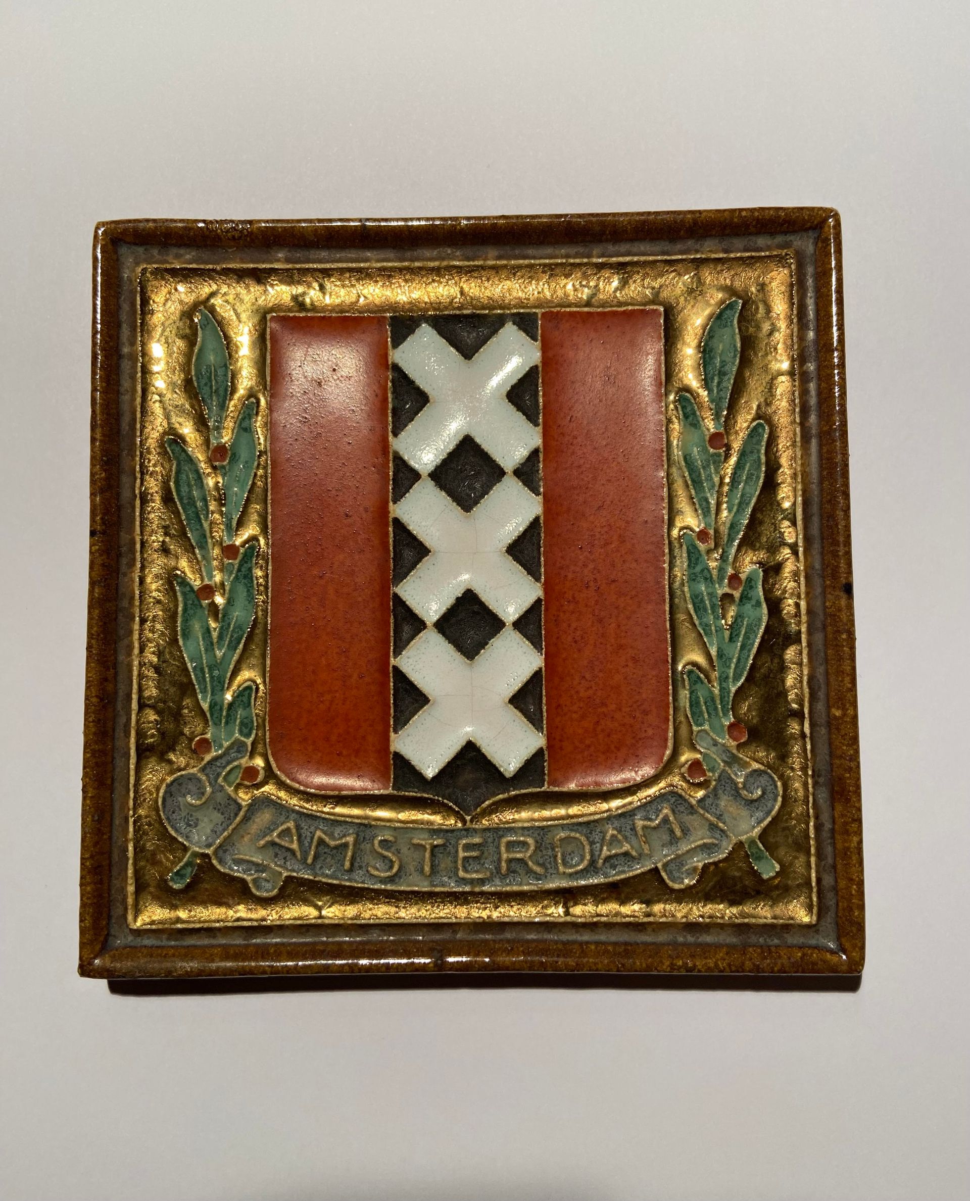 PFtile Porceleyne Fles Delft Cloisonne tile coat of arms