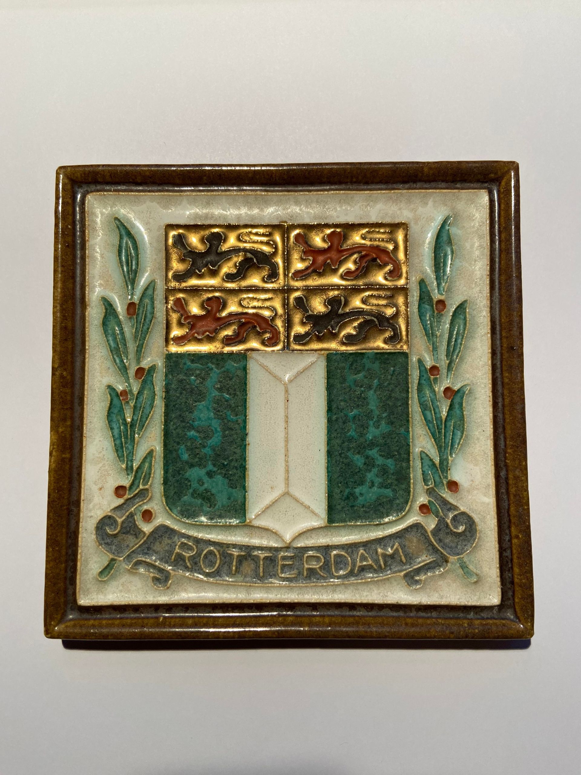 PFtile Porceleyne Fles Delft Cloisonne tile coat of arms